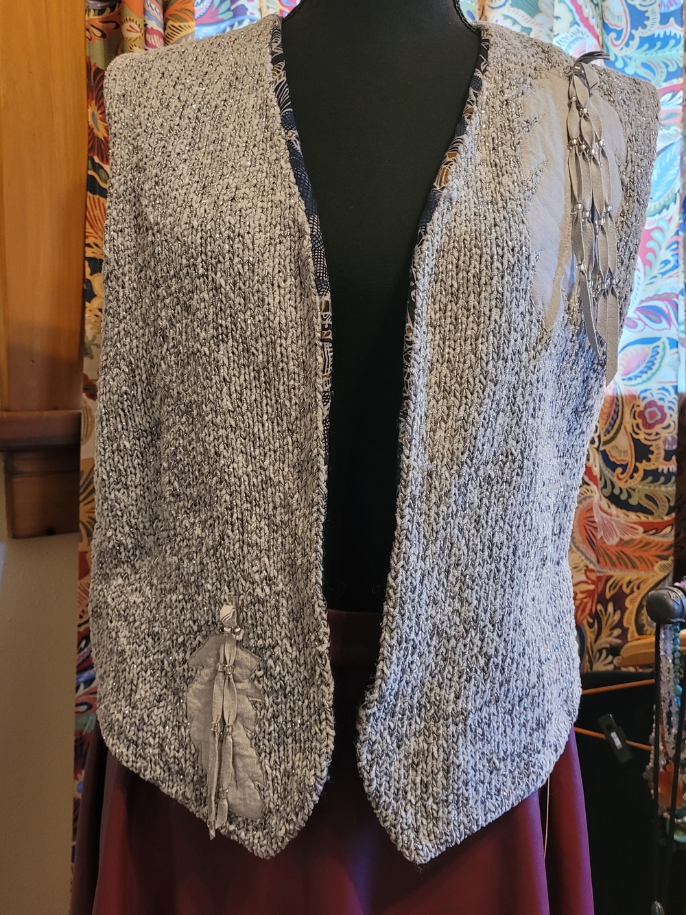Open-Front Gray Knit Women's Sweater Vest with Decorative Feather/Ribbon Detail